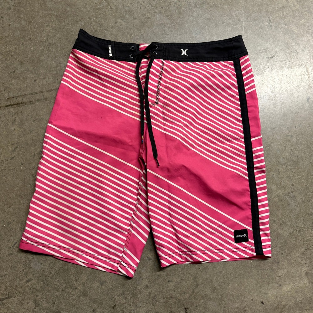 Hurley Mens Board Shorts Pink‎ White Striped Swim Trunks Size 32 2023